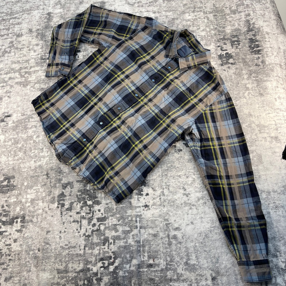 PrAna Mens Large Flannel‎ Shirt Plaid Blue Yellow Organic Cotton Pearl Snap